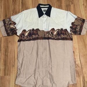 Cumberland Outfitters Vintage Western Horse Print Pearl Snap Short Sleeve Shirt